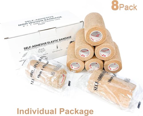 Beige Self-Adhesive Cohesive Bandage Wrap by [Brand Name] - 8 Pack, 4" x 5 Yards, Premium Medical Stretch Tape for Athletes