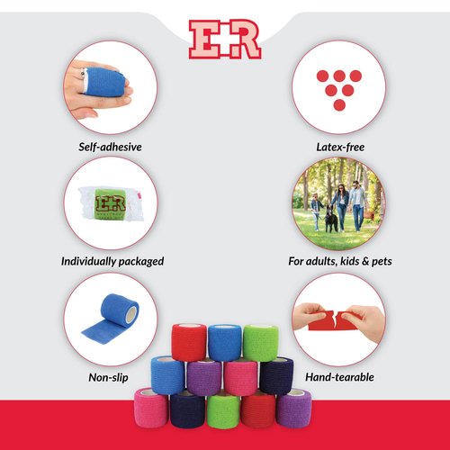 Ever Ready First Aid Self Adherent Cohesive Bandages 2" x 5 Yards - 12 Count, Rainbow Colors