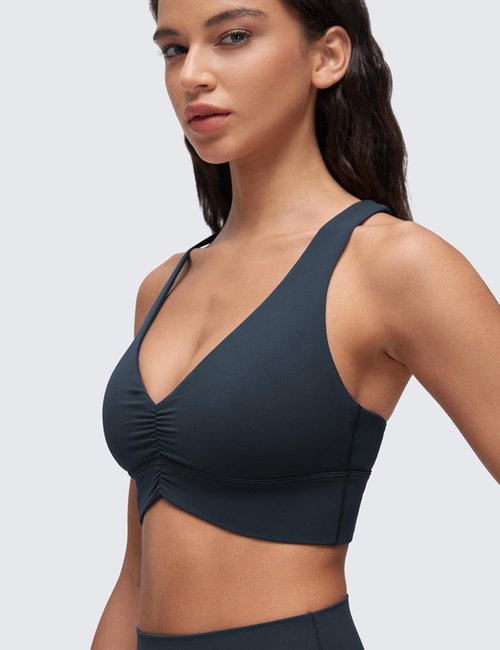 CRZ YOGA Butterluxe Longline Sports Bra - V Neck Padded Yoga Tank with Wide Straps & Cross Back