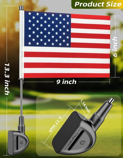2 Pcs Magnetic Installation Golf Cart Flags, Double-Sewn Silk Satin Fabric 9 x 6" Golf Cart Flags, American Flags with Elastic Strap Bracket for Golf Cart, Pickup Truck, Boat, Bike