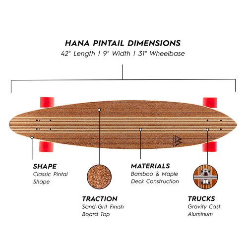 Magneto Bamboo Pintail Longboard Skateboard - Cruiser Skateboard with 70mm 78A Wheels - Stable 8-Ply Maple Core Longboard Deck - Skate Tool for On-The-Go Adjustments - 42 in x 9 in, Hana Pintail