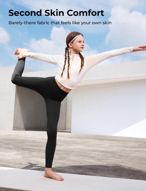 PATPAT Girls Athletic Leggings with Pocket, Buttery-Soft & Ultra-Stretchy Yoga Pants for Running Dance Workout Casual, Skinny-Bottom (Regular), Black, US10/M