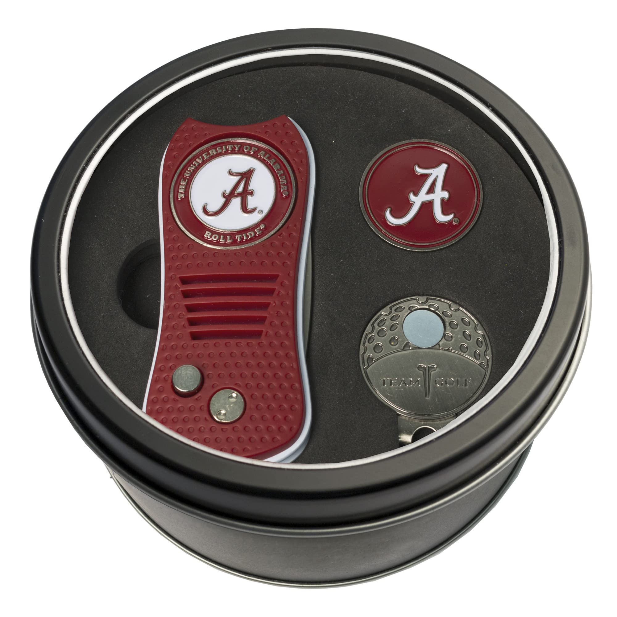 Team Golf NCAA Alabama Crimson Tide Tin Gift Set with Retractable Divot Tool, Cap Clip, and Ball Marker Gift Set Retractable Divot Tool, Cap Clip, & 2 Double-Sided Enamel Ball Markers, Patented Design, Less Damage to Greens, Retractable Mechanism
