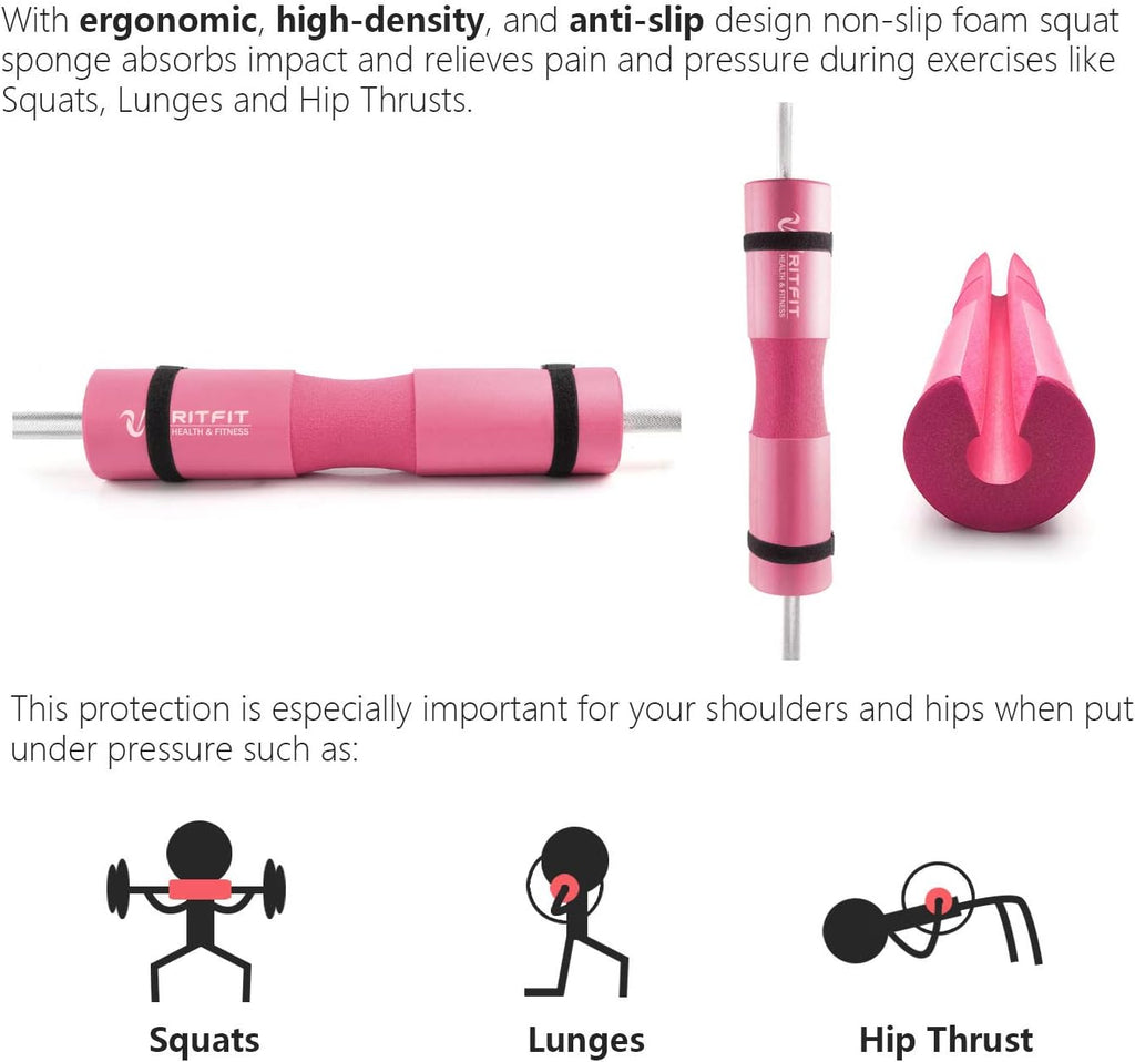 RitFit Barbell Squat Pad Set - 7 Pcs with Resistance Band & Safety Straps | Enhanced Neck & Shoulder Support (Pink/Black)
