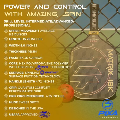 18K Carbon Fiber Pickleball Paddle – USAPA Approved Matrix Thermoformed Paddle for Intermediate and Pro Players, Textured Surface, Foam Edge, Premium Grip, Power & Spin Control – PIXA Pickleball