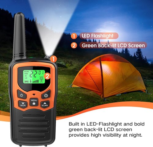 MOICO Long Range Walkie Talkies - 22 FRS Channels with LED Flashlight | Family Hiking & Camping (Orange, 2 Pack)