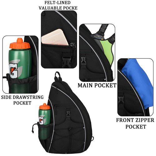Goloni Pickleball Sling Bag for Men Women, Lightweight Pickleball Backpack with Fence Hook, Large Capacity Pickleball Bag with Anti-Theft Pocket, Water-Resistant for Tennis Padel Sports,Black