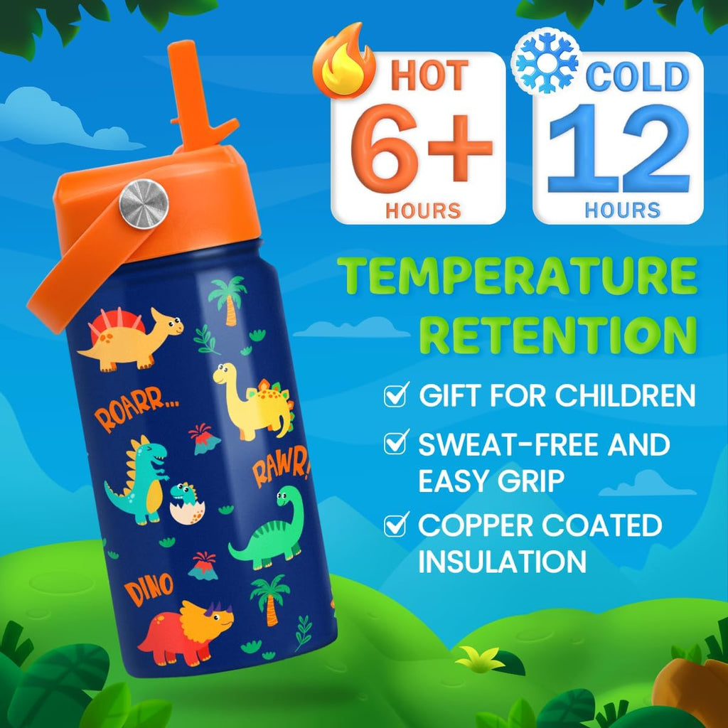 Skiennix Dinosaur Water Bottle - Insulated 12 Oz Kids Bottle with Straw Lid | Perfect for School & Sports