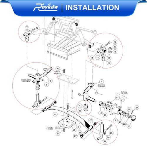 Roykaw Club Car DS Front End Repair Kit Rebuild Kit with King Pin/A arm/Front Leaf Spring Bushing Kits and Bolts/Clevis for 1993-Up Gas & Electric Golf Cart