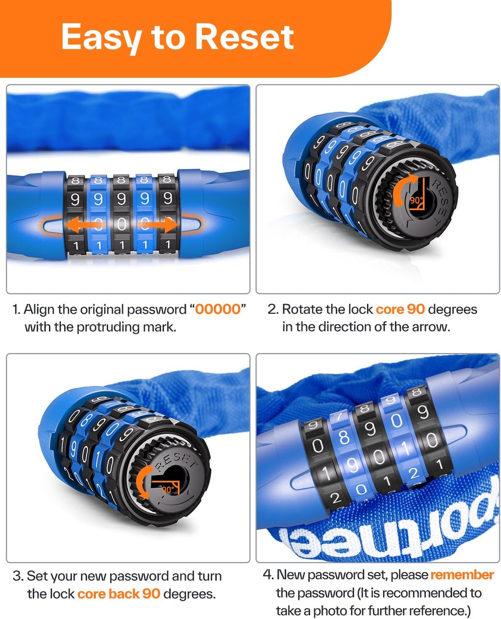 Sportneer Bike Lock - High Security 5-Digit Combination Chain Lock | Keyless & Heavy Duty, 3.2/3.6/4ft Options