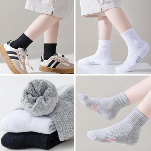 hakugoo Kids White Ankle Athletic Socks - 12 Pairs Cushioned Quarter Socks for Boys Girls, Breathable Mesh Cotton, 7-10 Years Youth (White, M)