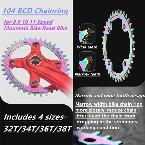 YBEKI 104BCD Chainring - CNC 7075-T6 Aluminum Narrow-Wide Round Chainwheel for MTB/Road Bikes (32-38T) | Compatible with Shimano/SRAM 8-11 Speed | Ultra-Light | Anti-Drop Design ﻿