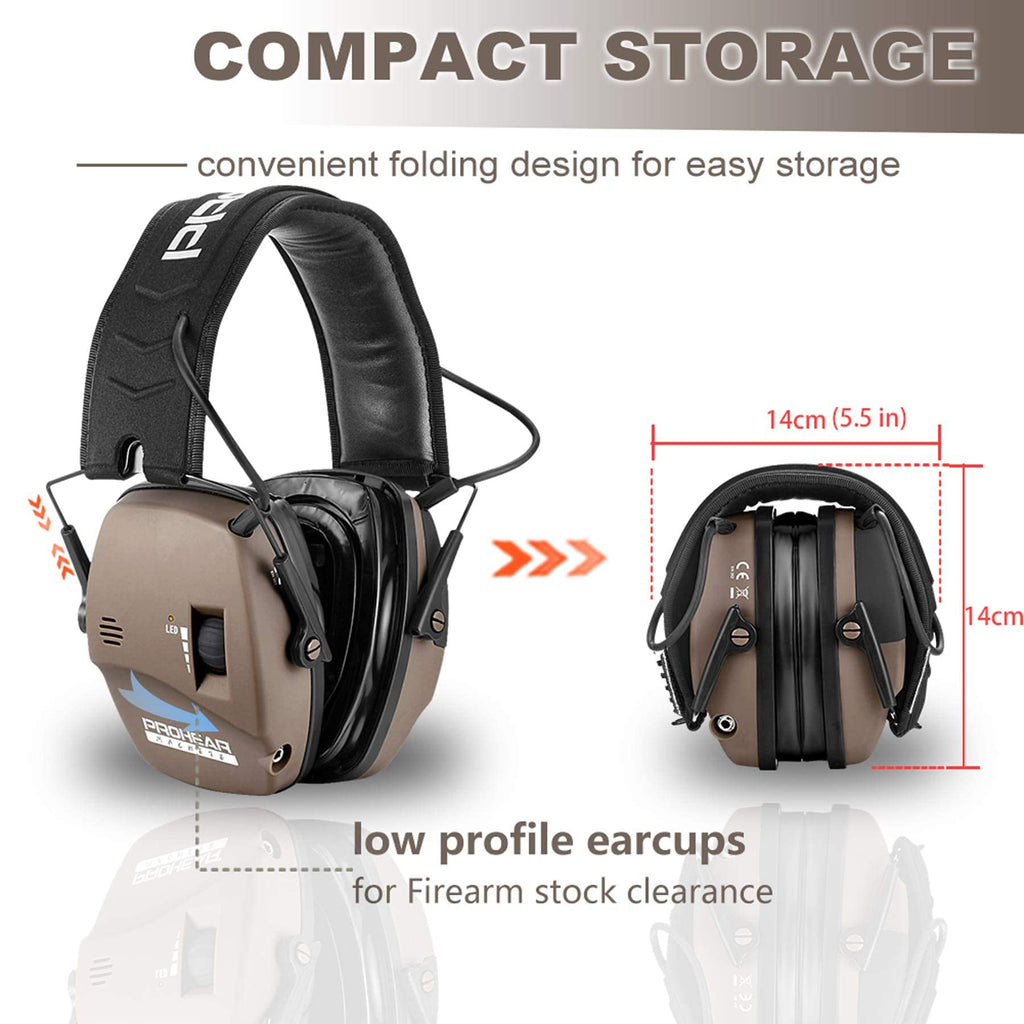 PROHEAR Digital Electronic Shooting Ear Protection Muffs with GEP02 Gel Ear Pads, Hunting 5X Sound Amplification Earmuffs, NRR 23dB Low Profile Hearing Protection for Gun Range - Brown