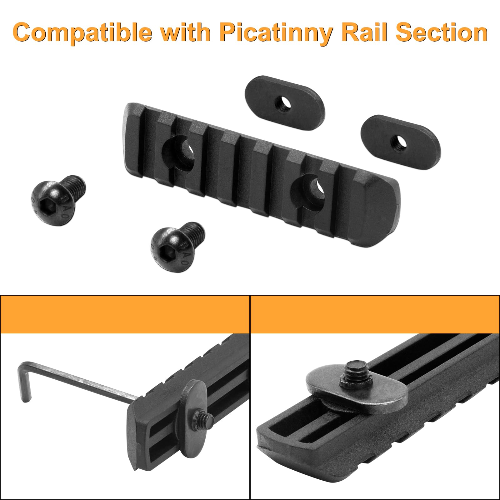 QR-Laser Single Picatinny Accessory Rail Set for Mlok 5 7 9 11 Slots with 8 O-Nuts & Screws, 1 Allen Wrench-Rounded Corner