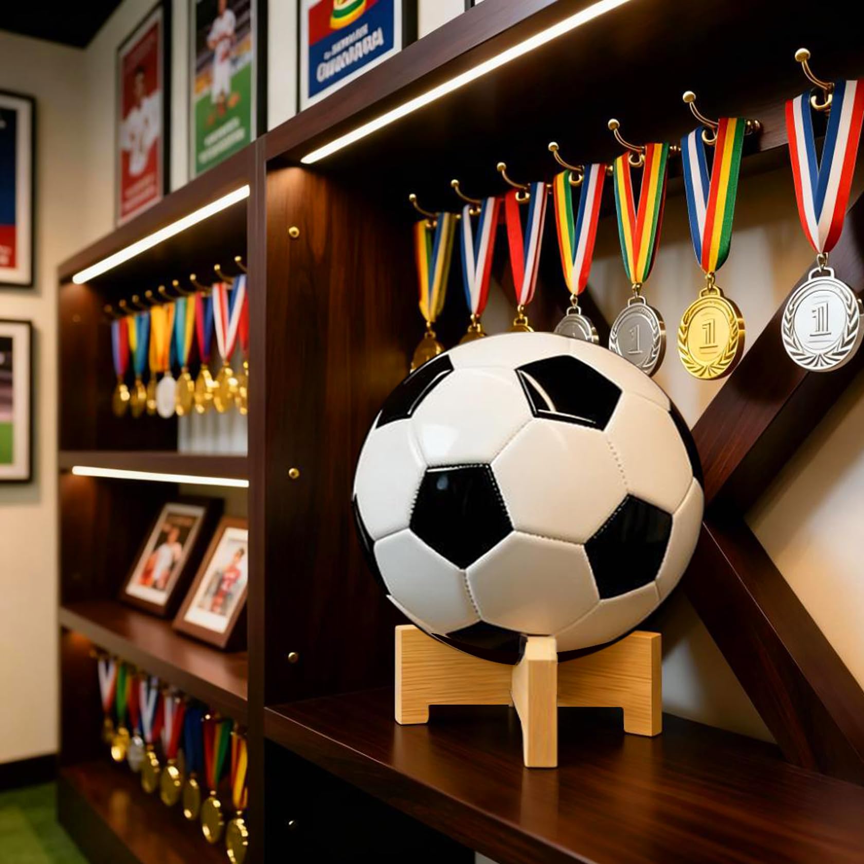 HILELIFE Football Display Stand – Natural Wood Ball Stand for Footballs, Basketballs, Soccer Balls, Memorabilia & Sports Collectibles, Bamboo Ball Holder for Desk Shelf