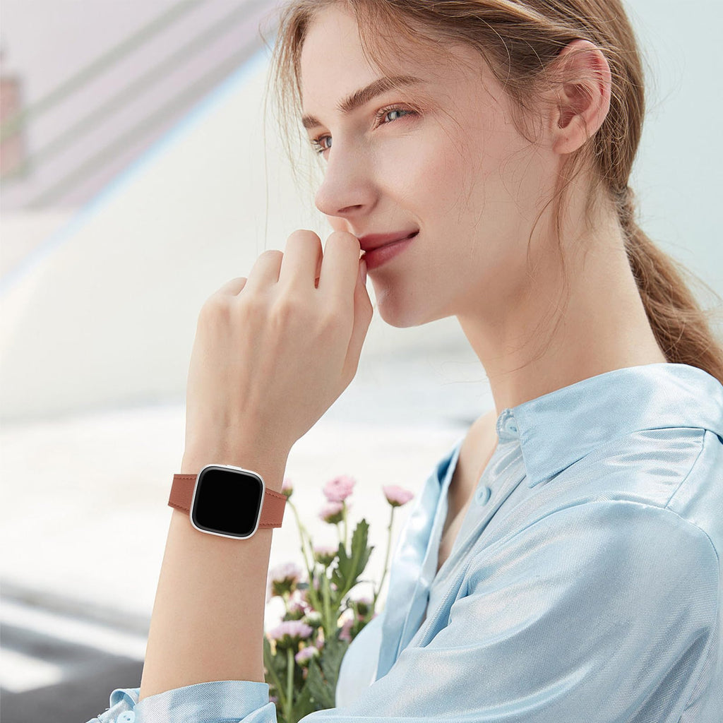 WFEAGL Leather Band for Fitbit Versa - Top Grain Leather Replacement Strap (Brown + Silver Buckle)