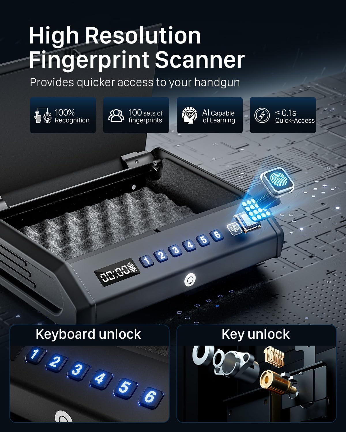 TOPMEDA Large Biometric Gun Safe - Fits 4 Pistols | 100 Fingerprint Sets, Internal Light & Silent Mode
