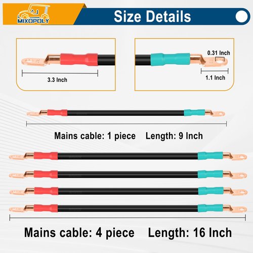 Mixopoly 4 Gauge Golf Cart Battery Cable Kit Replacement for Yamaha G22 48V, G2 G8 G9 36V Pure Copper AC/DC Battery Wiring Kit (5-Piece Set)