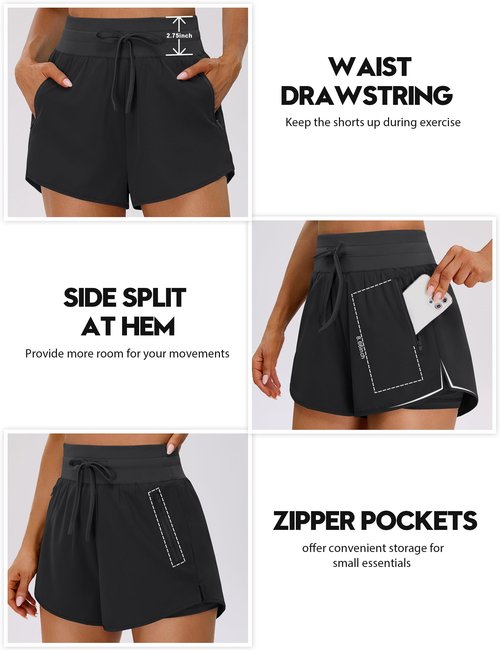 BMJL Womens 2 in 1 Running Shorts for Gym 2.5" Black High Waisted Drawstring Athletic Workout Shorts 3 Pockets（M,Black）