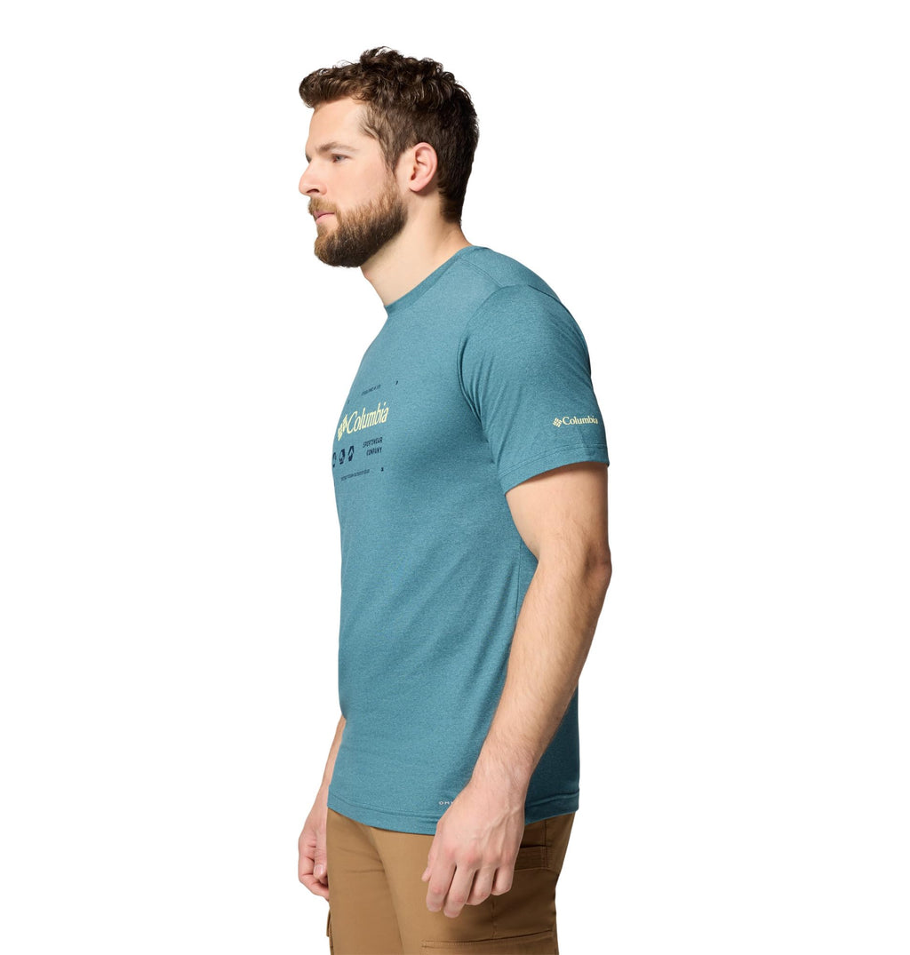 Columbia Mens Kwick Hike Graphic Short Sleeve Tee, Everblue Heather/Iconic Brand, X-Large