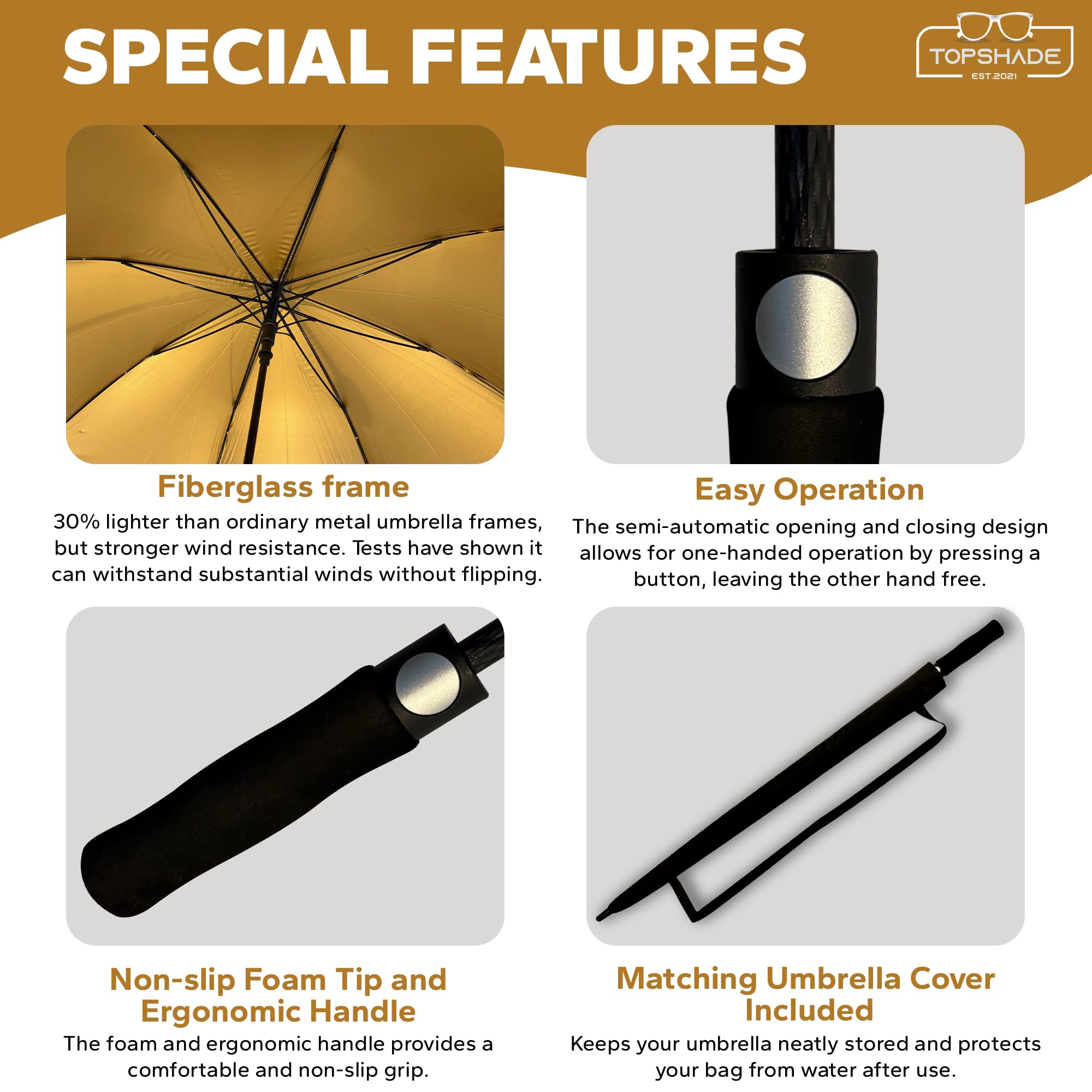 TopShade Golf Umbrella 60 Inch - Large 52-Inch Diameter Single Canopy, Wind Resistant Fiberglass Frame, Gold UV Protection, Auto Open - Black/Gold
