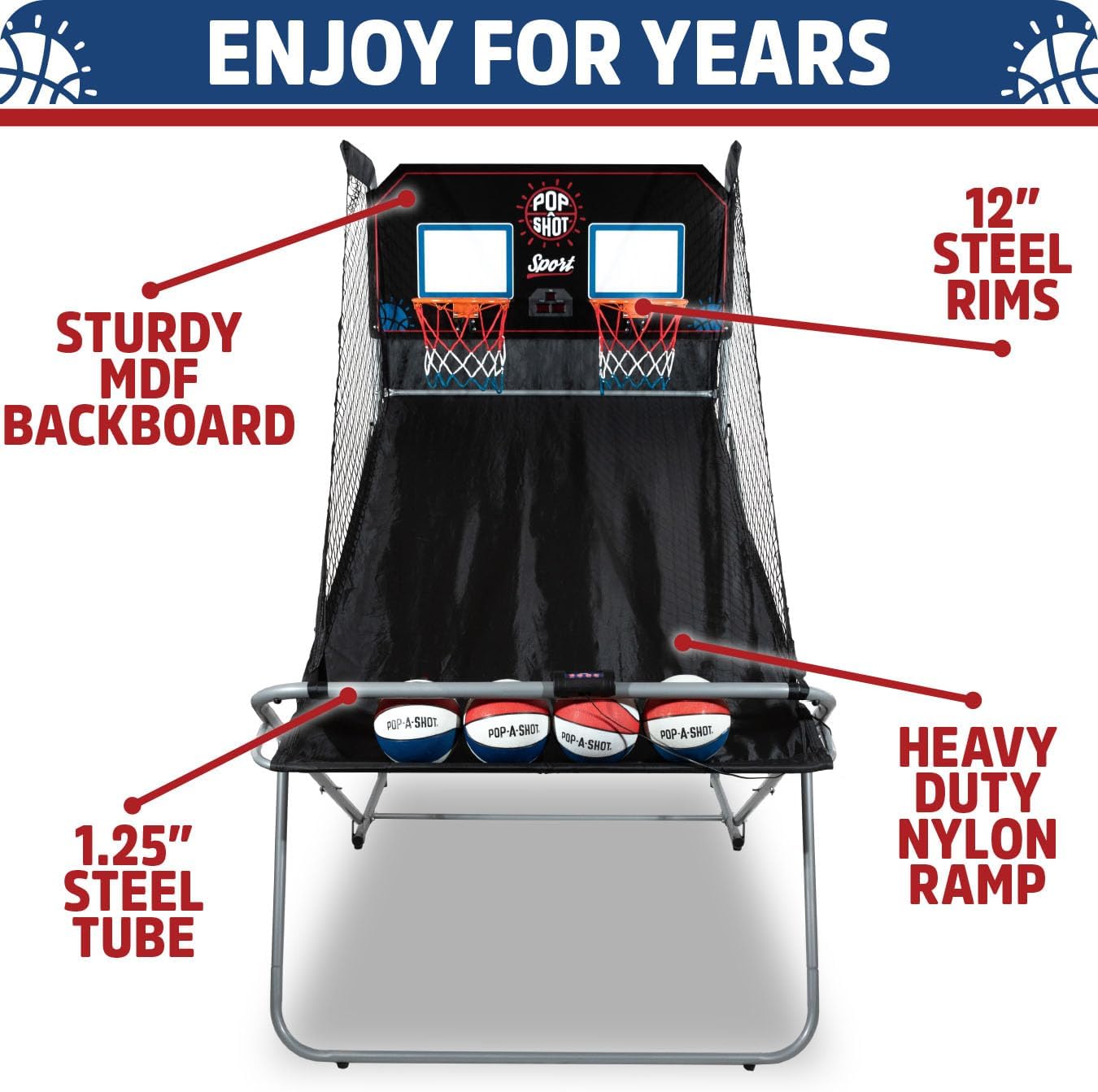 Pop-A-Shot - Dual Shot Arcade Basketball Game | 10 Game Modes & Paddle Scoring | Foldable Design for Easy Storage