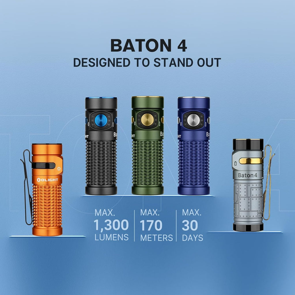OLIGHT Baton4 Rechargeable EDC Flashlight - 1300 Lumens, IPX8 Waterproof, Multiple Modes | Compact Orange Design for Home & Camping
