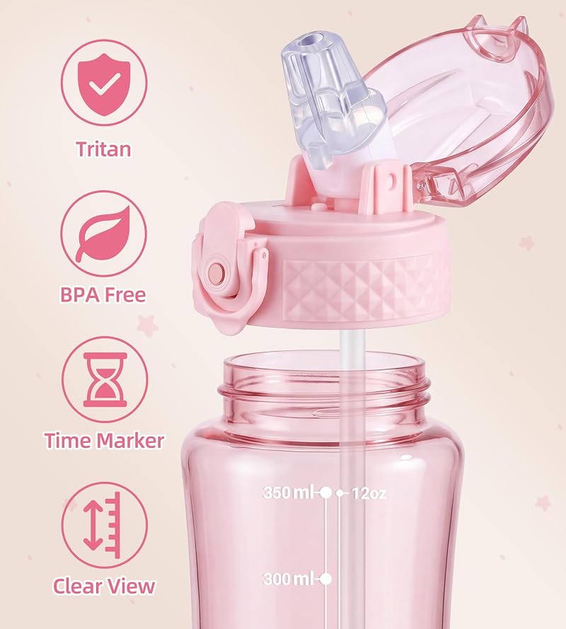 OLDLEY Kids Water Bottle with Straw 12oz Cherry Blossom - Tritan BPA-Free, Time Marker