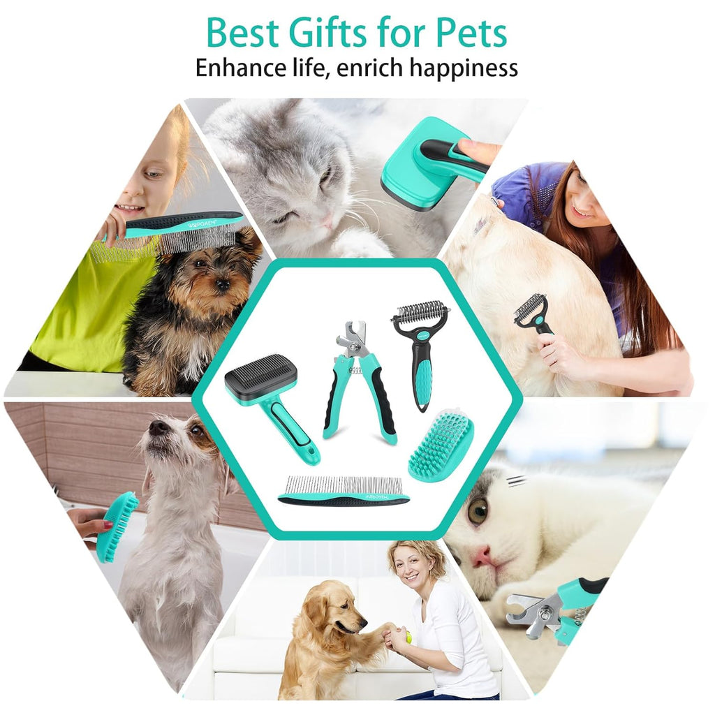 Skiennix 5-Piece Pet Grooming Set - Self-Cleaning Slicker Brush, Rake, Bath Brush & Nail Clippers for Dogs and Cats