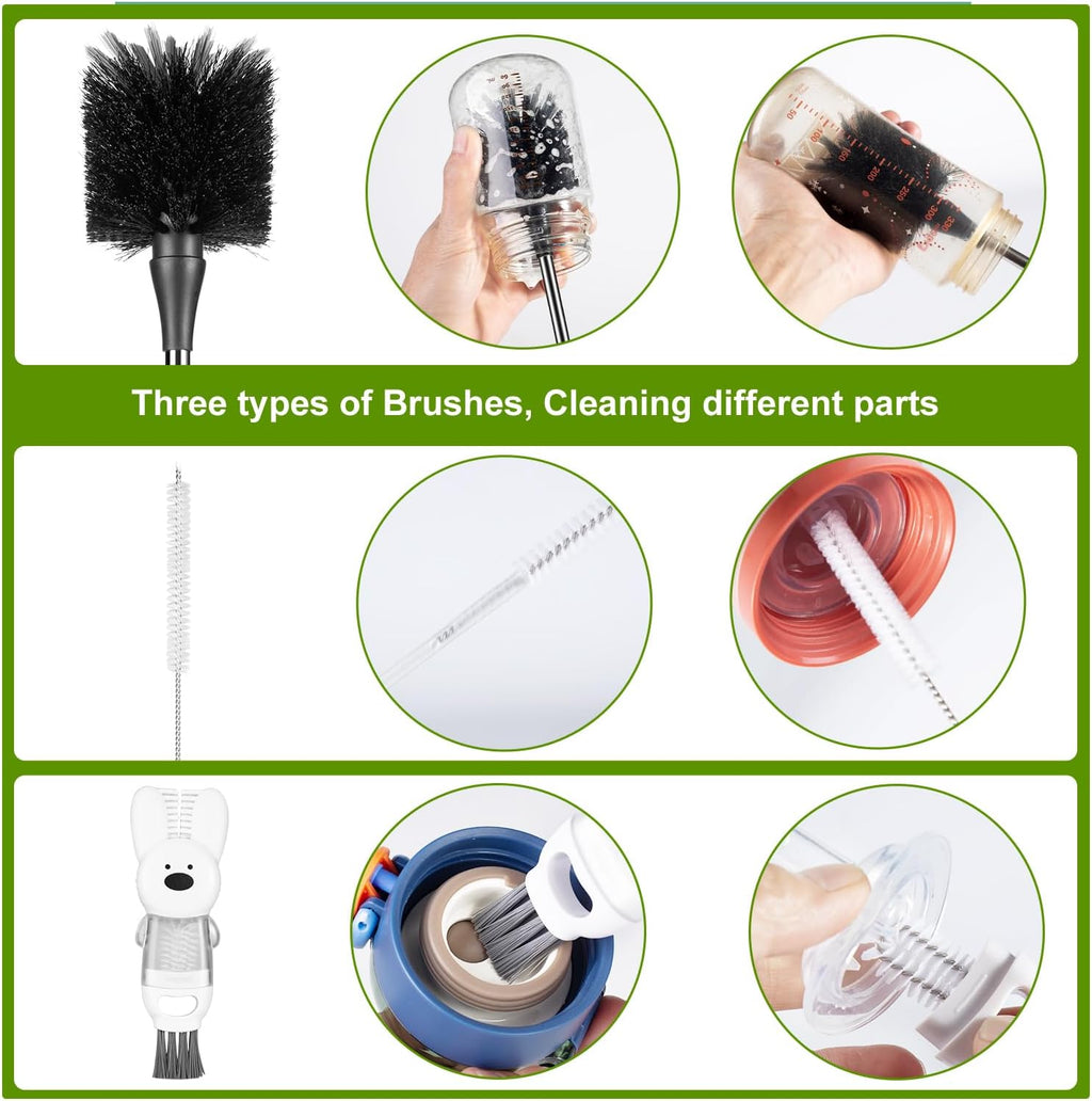 Skiennix Bottle Brushes - Stainless Steel Long Handle Cleaning Set for Baby Bottles, Tumblers & More