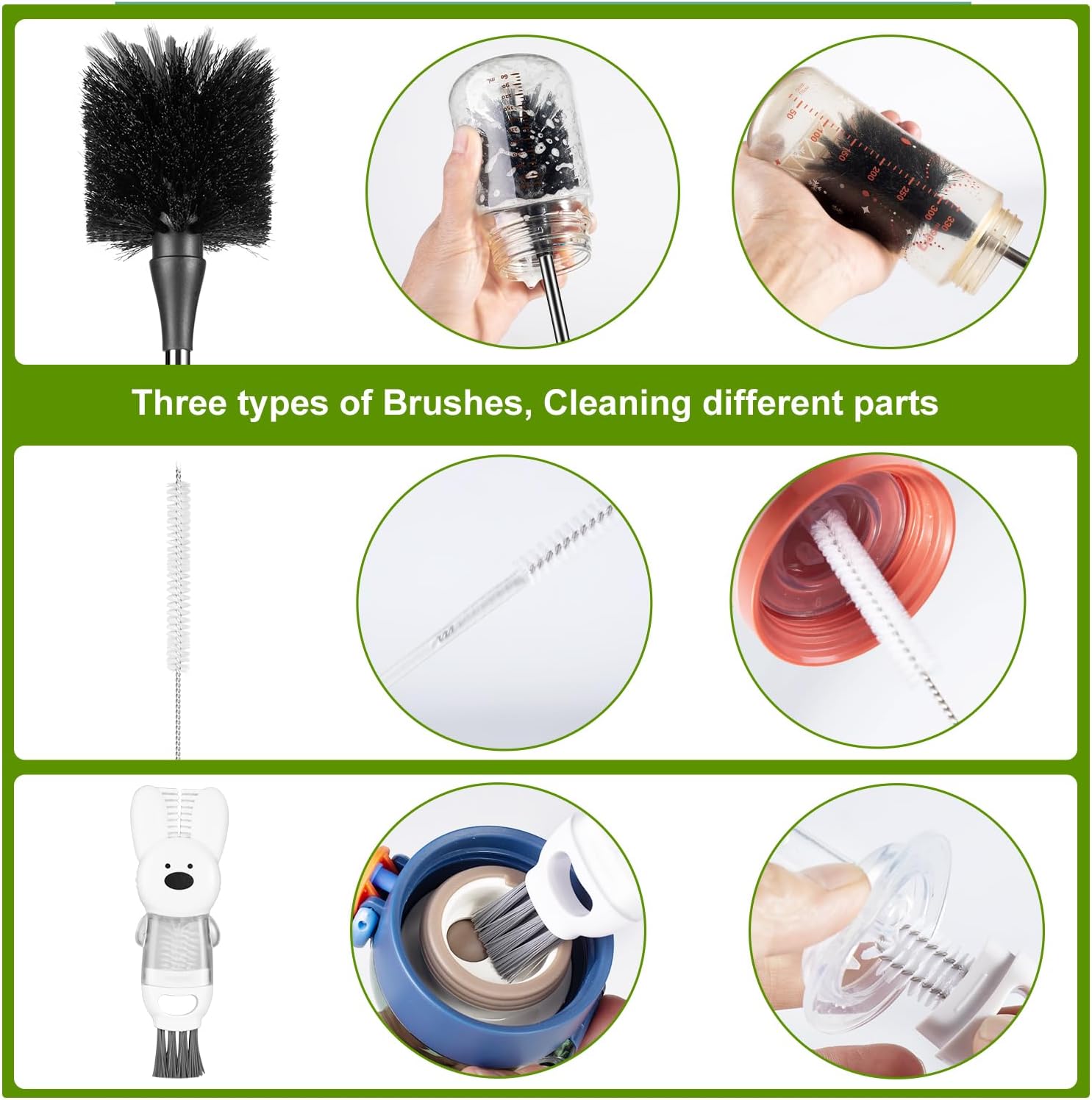 Skiennix Bottle Brushes - Stainless Steel Long Handle Cleaning Set for Baby Bottles, Tumblers & More