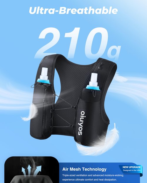 Oiuyos Running Vest for Women Men - USA Design - Adjustable Chest Straps Running Hydration Vest with 500ml Soft Flask - Lightweight Reflective Hydration Backpack