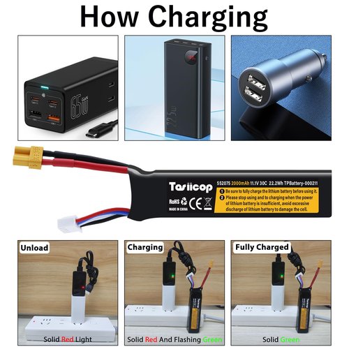 Tosiicop Airsoft Gel Blaster Battery - 11.1V 2000mAh Airsoft Lipo Batteries 3S for Water Bead Splat Ball Splatter XT-30 Plug with XH-4P Connector Rechargeable Charging Cable