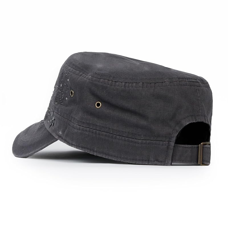 Rhinestone Cadet Cap - Vintage Distressed Cotton Army Hat, Dark Gray/Black+Medium