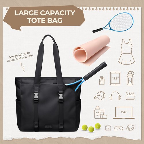 GOLF SUPAGS Tennis Tote Bag for Women with Yoga Mat Straps, Racket Holder Bags with 14" Laptop Compartment, 24L Lightweight Sports Bag with Wet Pocket (Black)