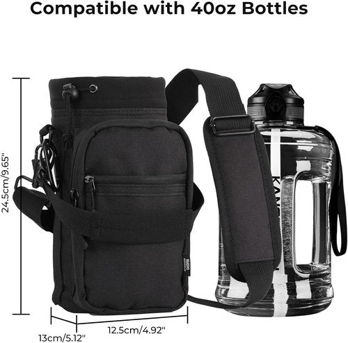 Nuovoware Insulated Water Bottle Carrier - 40oz Flask Holder with Adjustable Strap & 2 Pockets for Hiking | Climbing