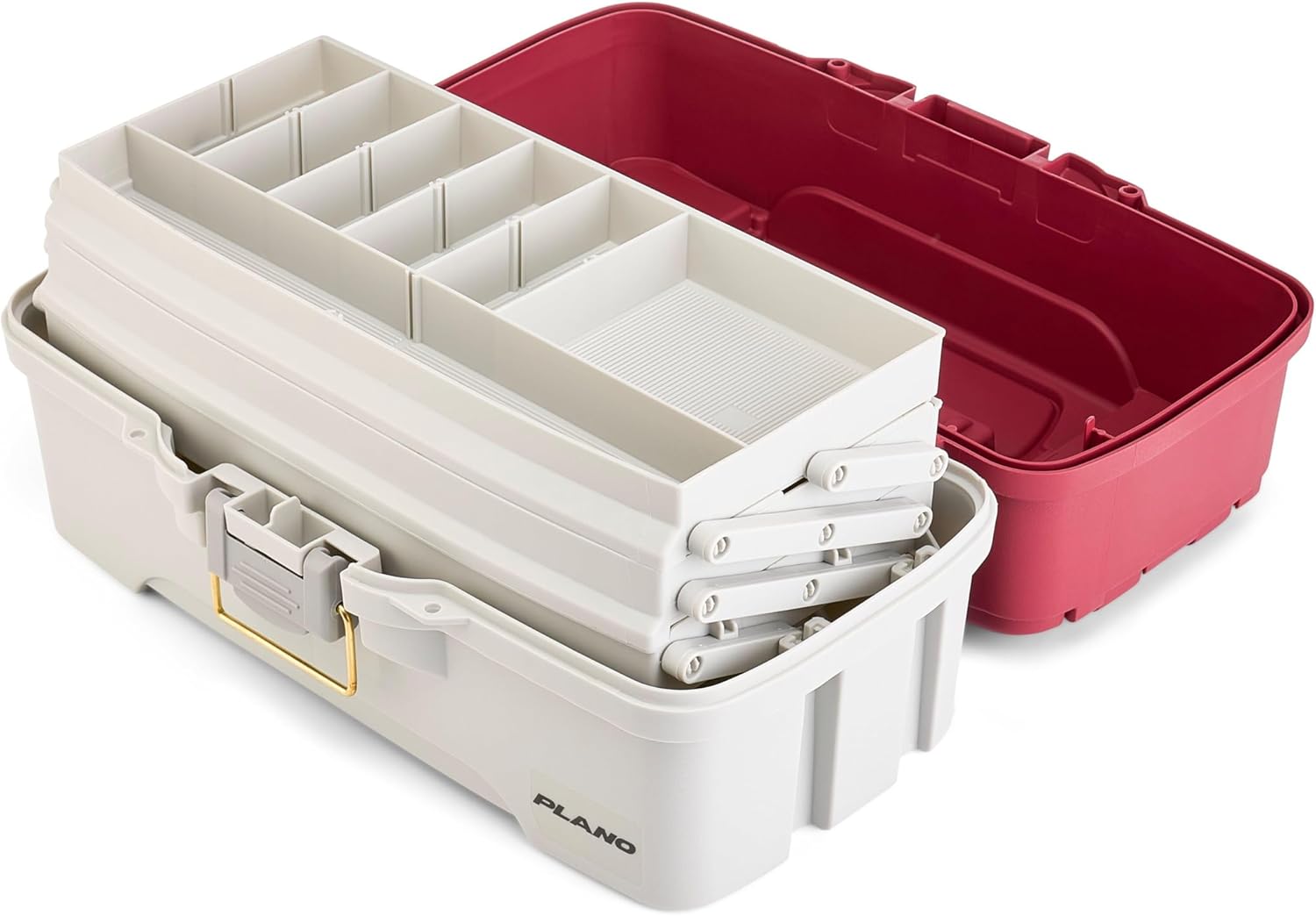 Plano Tackle Box | Three-Tray Salmon Kit with Deep Storage - Maroon/Grey, Rust-Proof Brass Latch