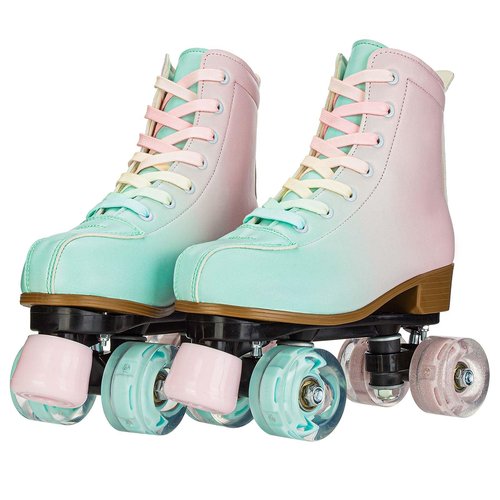 YYW Light Up Roller Skates for Girls and Women - Fantastic Gradient Pink and Green PU Leather, Indoor Outdoor Use for Ages 8-12 (35-US Women 5/ Youth 4)