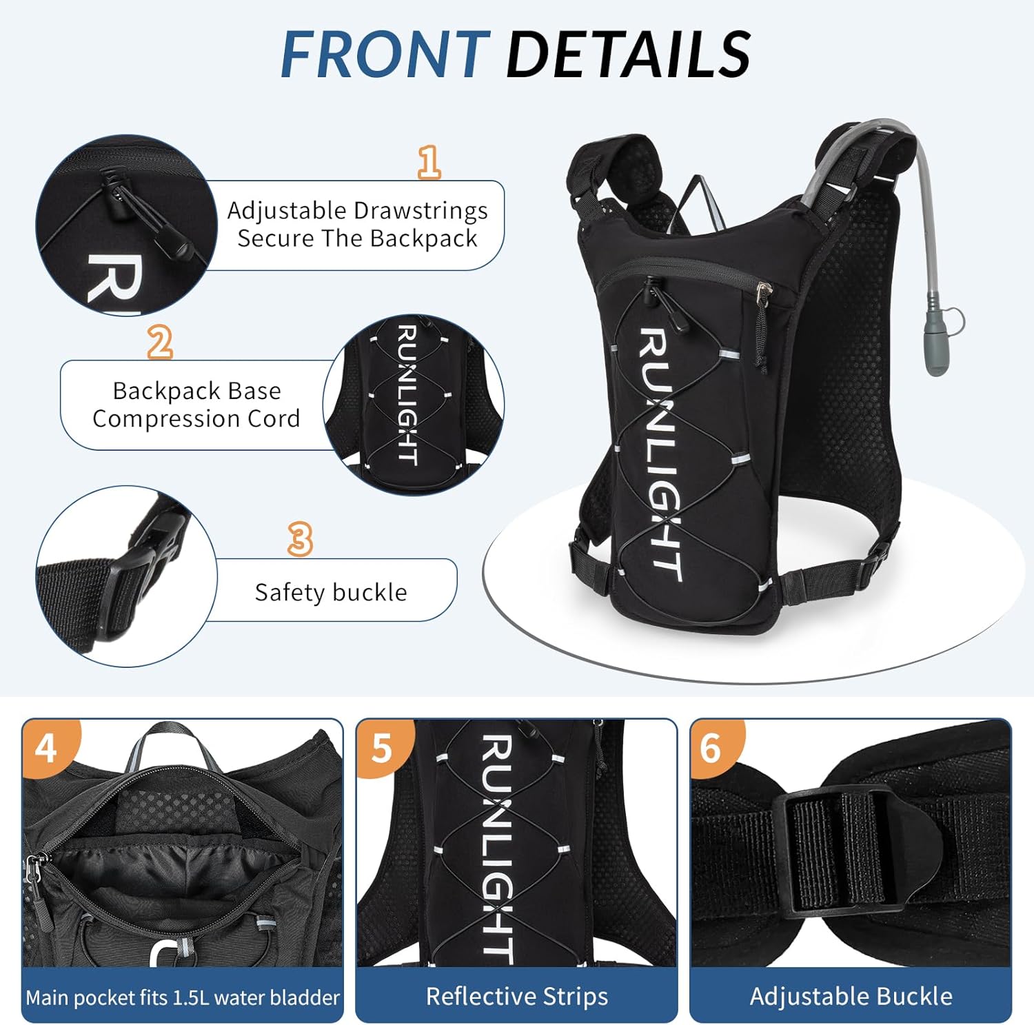 Runlight Running Vest - Lightweight Adjustable Hydration Pack with 1.5L Water Bladder & Reflective Design