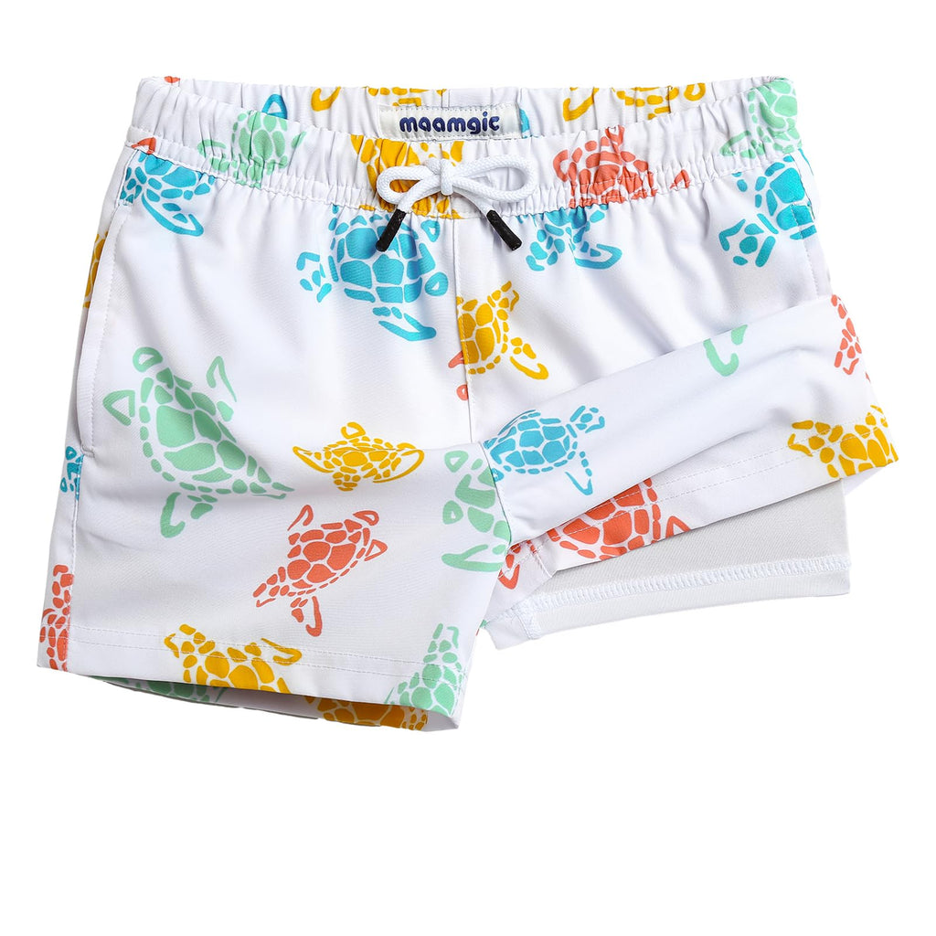 maamgic Boys Swim Trunks with Compression Liner Toddler Stretch Swim Shorts Quick Dry Swimming Trunks Boxer Brief 2 in 1 Beach Shorts White Colorful Turtles 14/16