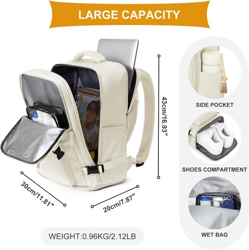 Coowoz Travel Backpack - Airline Approved Waterproof Rucksack for Hiking & College | Fits 15.6 Inch Laptops - Beige