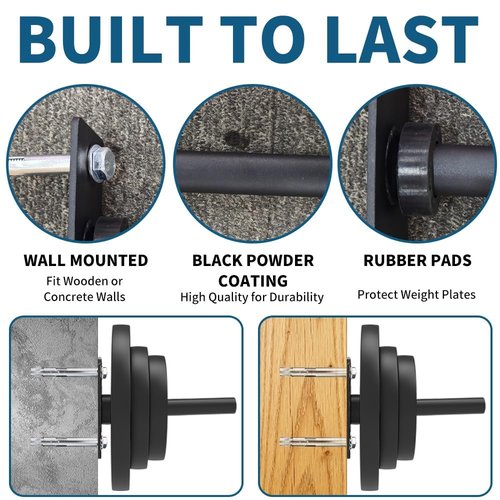 2 Pack Wall Mounted Weight Plate Holder for 1" Weight Plates, Steel Bumper Plate Storage Rack with Screws and Thick Pad, Space Saving Holder for Home Gym,Max Weight Capacity 300 LBS