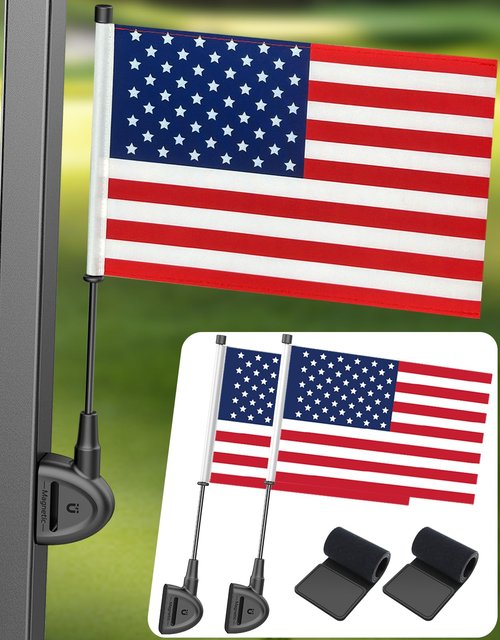 2 Pcs Magnetic Installation Golf Cart Flags, Double-Sewn Silk Satin Fabric 9 x 6" Golf Cart Flags, American Flags with Elastic Strap Bracket for Golf Cart, Pickup Truck, Boat, Bike