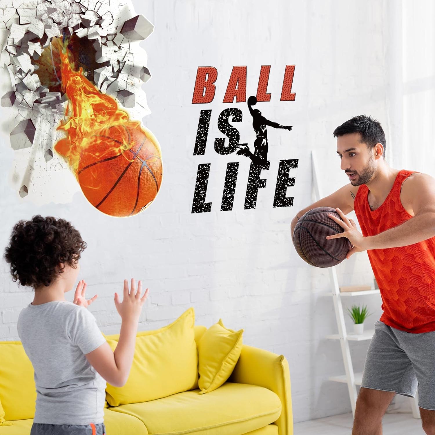 Skiennix Basketball Wall Decor - 3D Self-Adhesive Vinyl Dunk Silhouette Sticker | 18 x 38 Inch for Boys' Bedroom