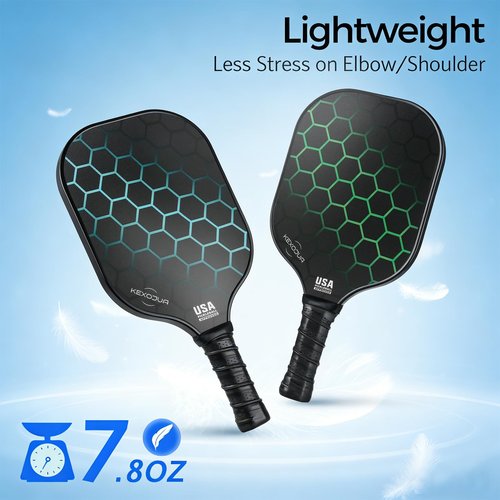 KEXOJUA Pickleball Paddles Set of 2, USAPA Approved Fiberglass Surface Pickleball Set with 2 Pickleball Rackets, 4 Pickleball Balls, 1 Portable Carry Bag, Pickle Racket Set for Men Women Blue Green