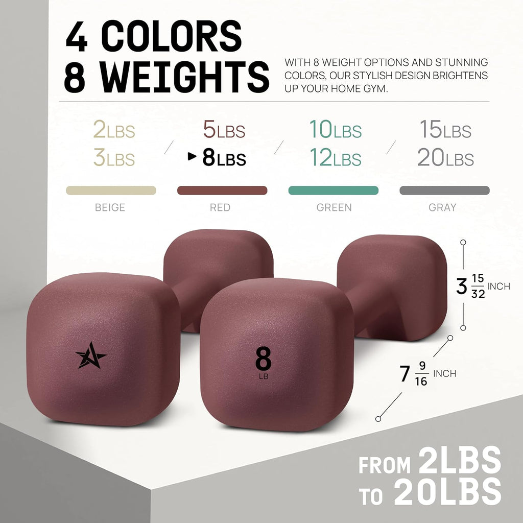 Yes4All Square Neoprene Dumbbell Set | Anti-Roll, Anti-Slip Hand Weights for Home Gym | 2lb - 20lb, 4 Colors