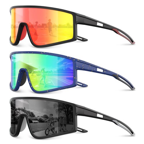 Kegrimi 3 Pack Kids Sunglasses Youth Baseball Polarized Sun Glasses Sports Cycling Running for Boys Girls UV Protection(Black+Red/Black+grey/Blue+green)