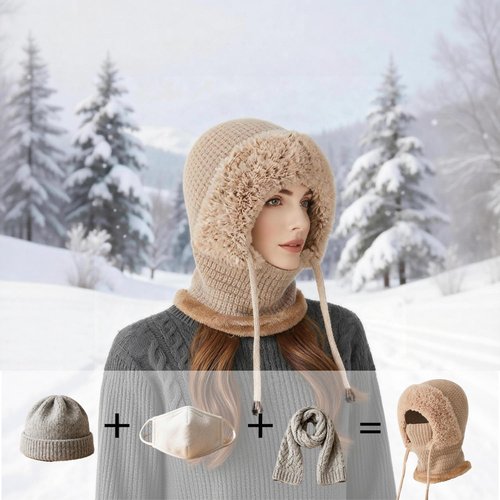 3 in 1 Beanie Hat with Scarf and Mask, Women’s Plush-Lined Winter Balaclava, Wind-Resistant Knitted Hooded Scarf & Ski Mask Set for Cold Weather (Khaki)