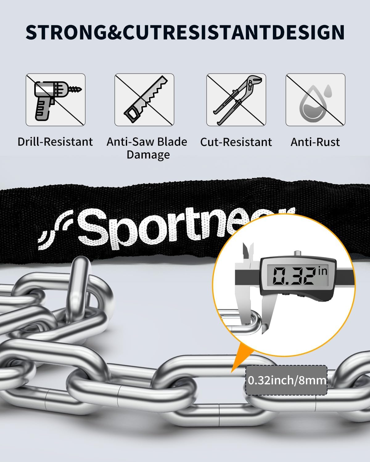 Sportneer Bike Lock - 8mm Thick High-Security Anti-Theft Chain Lock | 3.2/4ft Heavy-Duty with 2 Keys