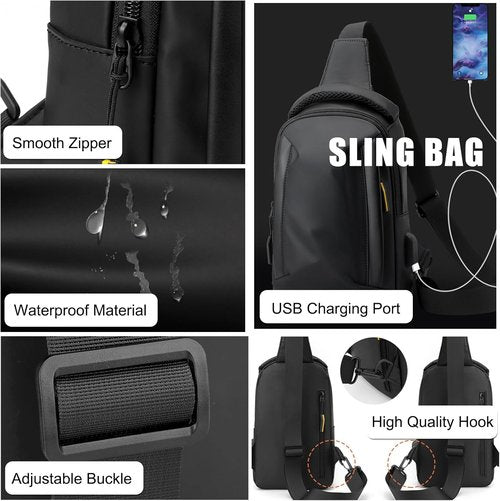 FANDARE Men’s Crossbody Sling Bag - Compact USB-Enabled Messenger Pack for Hiking & Travel | Black Nylon